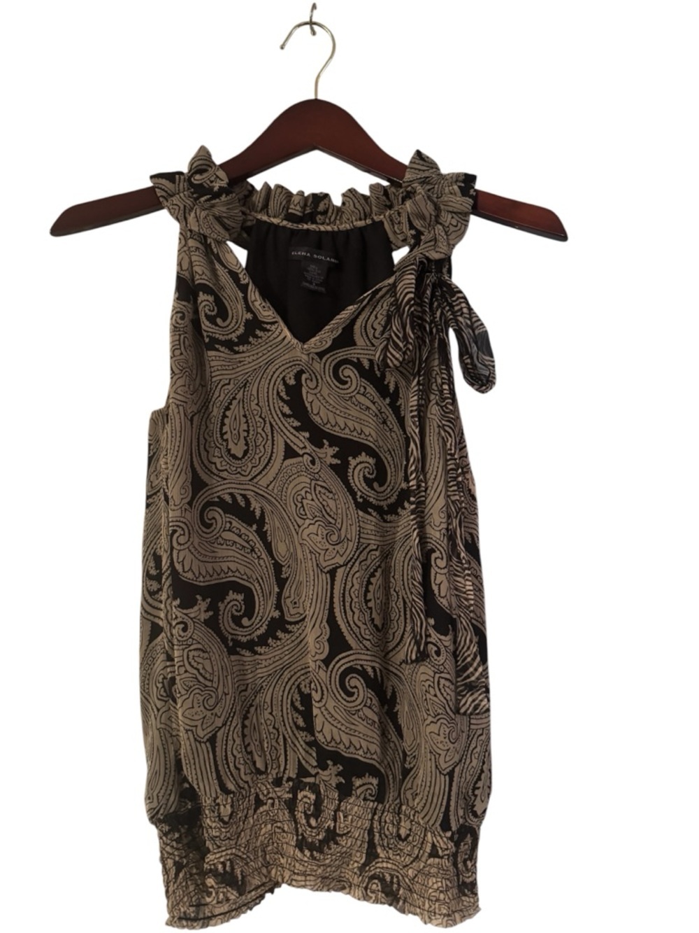 Elena Solano Paisley Halter Top Size S Black Beige Tie Neck Blouse